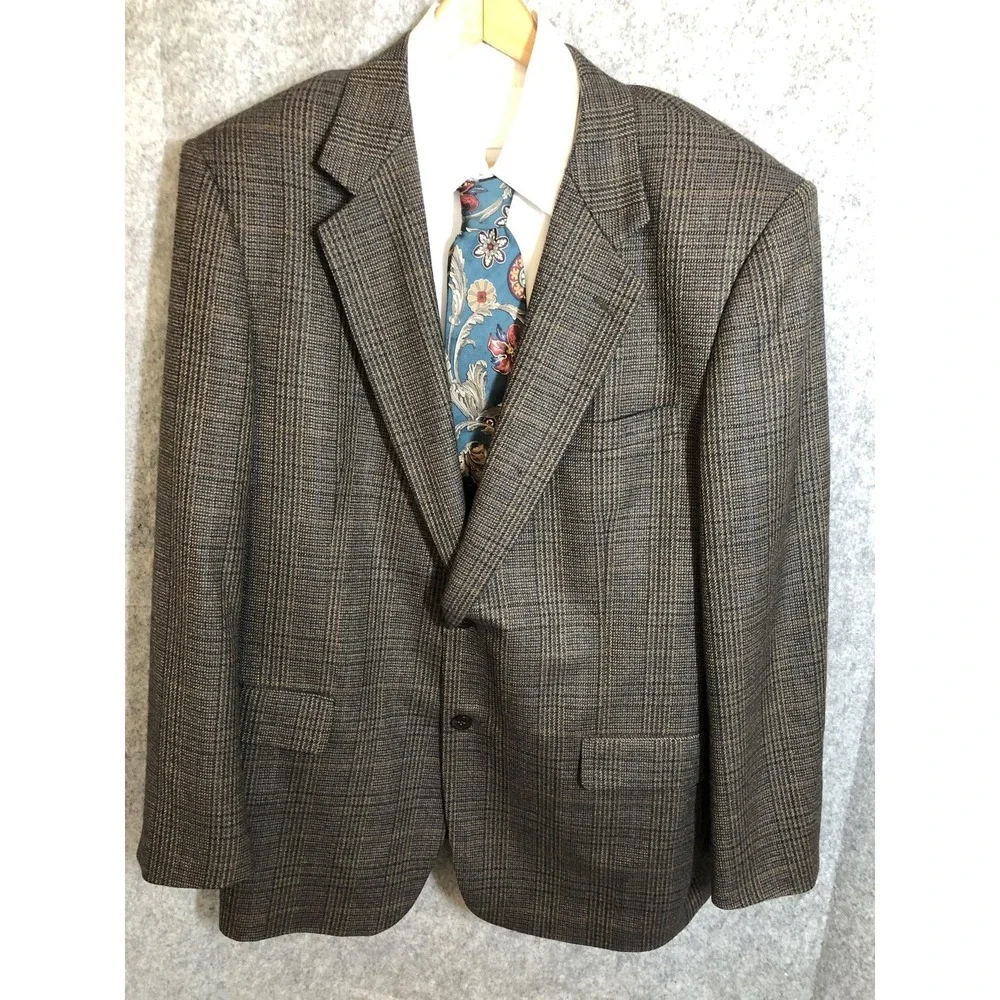 Joseph & Feiss International Sport Coat Mens 46 Regular Brown Gray Wool Plaid